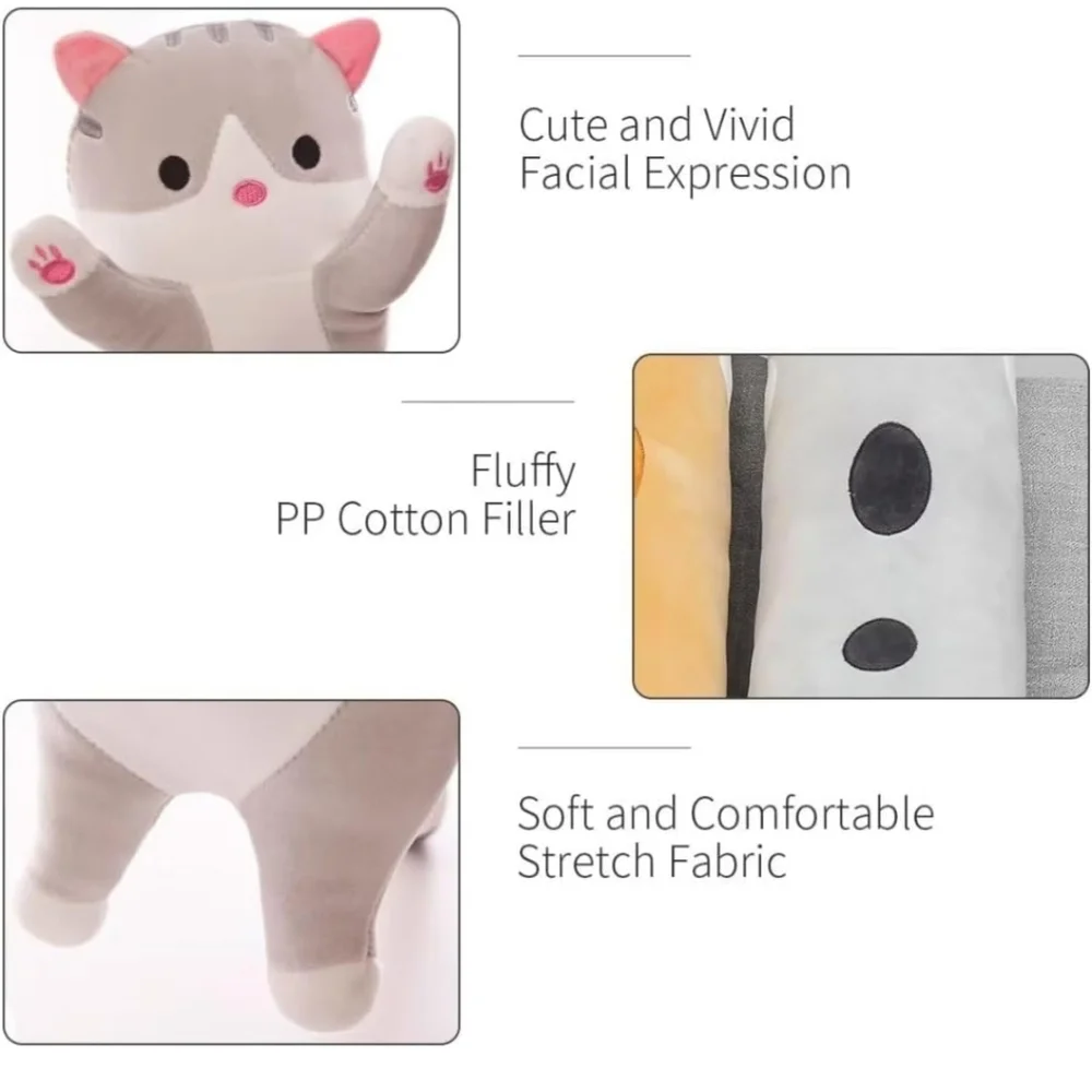 Cute Cat Plush Long Body Pillow – Soft Cartoon Stuffed Animal Doll, Kawaii